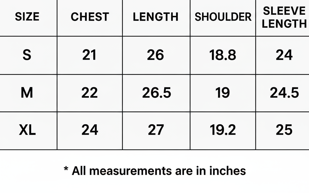 Measurement chart for clothing sizes S, M, L, and XL with chest, length, shoulder, and sleeve measurements.